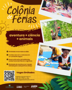 Crianças participando da Colônia de Férias Eco Aventura da Lagoa Aventuras no Parque da Catacumba, no Rio de Janeiro, realizando atividades ao ar livre em meio à natureza e à floresta.